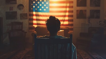 Silhouette of a child sitting in a chair and looking at the American flag, ai generative - Powered by Adobe