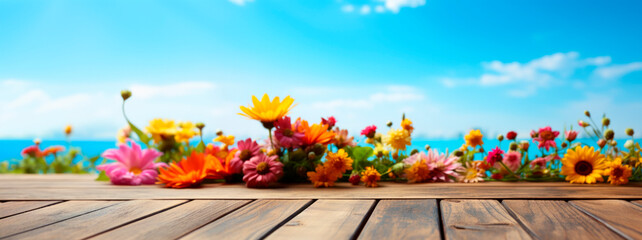 Obraz premium flowers on wooden blank table background