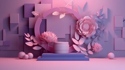 flower background purple, Violet color with geometric shape podium for product display, minimal concept, Premium illustration pastel floral elements, beauty.