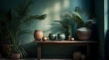 green room with palms and plants in wall photo, in the style of lively tableaus, pure color, soft atmospheric light, ceramic, flat, limited shading - obrazy, fototapety, plakaty