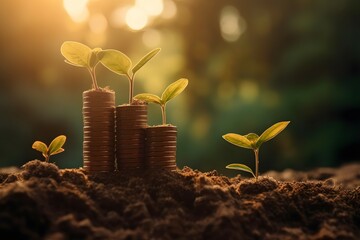 plant and money growing up on stacks of coins premium eps, in the style of panasonic lumix s pro 50mm f 1.4, tonalism, earthworks, stockphoto, vibrant stage backdrops, commission for, perceptive - obrazy, fototapety, plakaty
