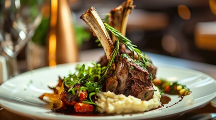A mouthwatering serving of lamb shank, tender and succulent, accompanied by aromatic herbs and a...
