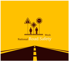 National Road safety week is observed every year in 11 to 17 January and in May, It aims at making the roads and streets safer. Vector illustration, banner, poster, card and background design.