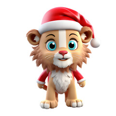 3d cartoon lion santa isolated on white and transparent background