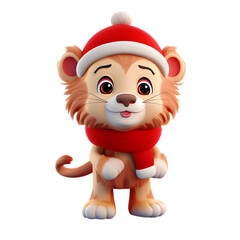 3d cartoon lion santa isolated on white and transparent background