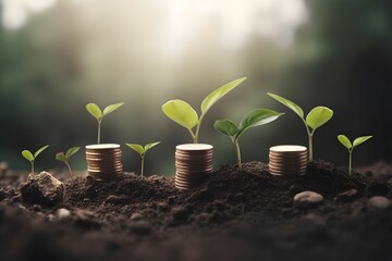plant and money growing up on stacks of coins premium eps, in the style of panasonic lumix s pro 50mm f 1.4, tonalism, earthworks, stockphoto, vibrant stage backdrops, commission for, perceptive