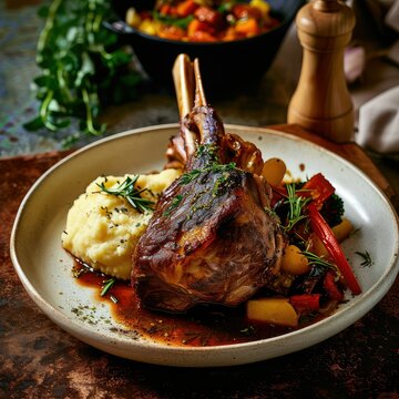 Roasted leg of lamb with vegetable and herbs.