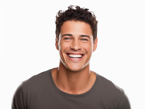 A professional portrait studio photo of a handsome young white American man model with perfect clean teeth laughing and smiling. Isolated on white background. for ads and web design.