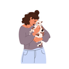 Woman holding cute cat in hands. Happy woman and adorable kitty. Pet adoption concept. Female owner caring about lovely home pet. Vector cartoon illustration 