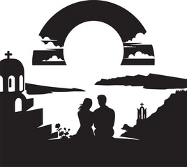 Silhouette illustration of a couple on a Greek island with buildings by the sea. A view of Santorini in Greek.