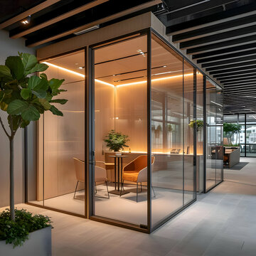 A transparent glass box partitions a small conference room in the office. High-resolution