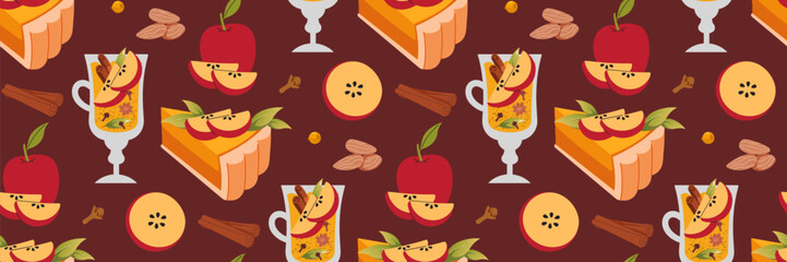 Apple pie slice seamless pattern. Delicious sweet apple pastries. Hand-drawn cake, punch and spices.