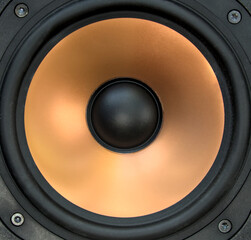 gold speaker woofer cone detail (close up of loudspeaker section, bright yellow orange color)...