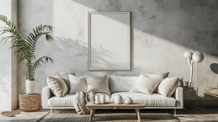 Blank picture frame mockup on a wall. Landscape orientation. Artwork template in interior design.