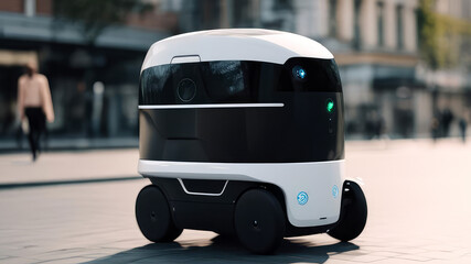 Autonomous food delivery robot on a blurred city street background.Modern package delivery bot.Generative AI