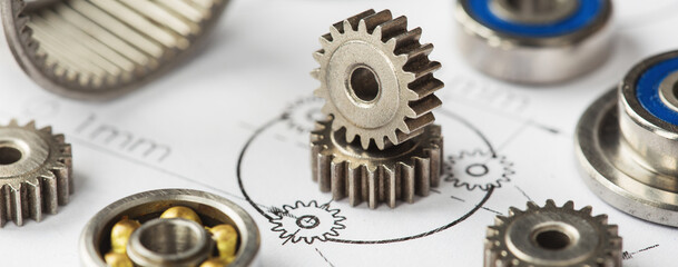 Gears, bearings and mechanism parts.Elements of mechanical blocksand construction.