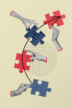 Vertical image artwork photo collage creative business of four people coworkers have aim achieve solve work task connect puzzle piece