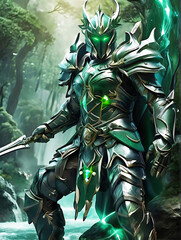 Portrait of a praying medieval knight with his sword in front of a dark stone. heroic fantasy green jade colored armored knight, wielding jade green colored energy mystical large axe - obrazy, fototapety, plakaty