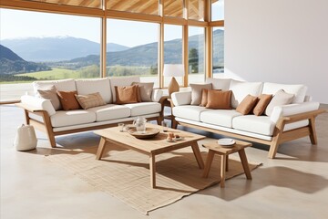 Obraz premium Cozy and Minimalist Apartment Interior with Natural Wood Accents and Large Windows