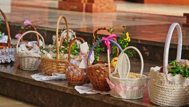 Decorated Traditional Polish Easter Baskets Prepared for Blessing on Holy Saturday Church Service