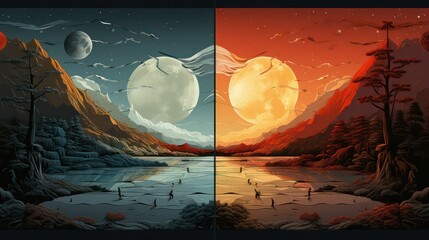 Game background with mountains, river, forest and full moon