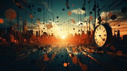Time concept with clock and city at sunset - obrazy, fototapety, plakaty