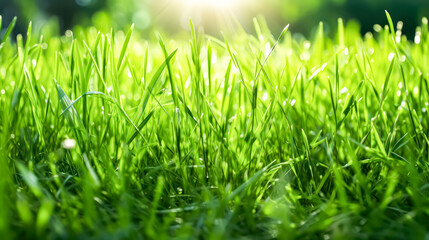 Bottom view of green grass in dew on an early summer morning. A serene stock photo capturing the freshness and tranquility of nature awakening