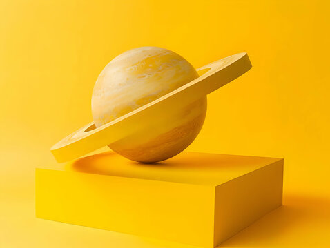 A model of a planet resting on a yellow background on the postament. High-resolution