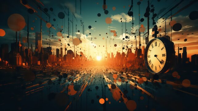 Time concept with clock and city at sunset