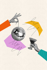Vertical collage creative poster black white filter two hand abstract hold glass disco ball party...