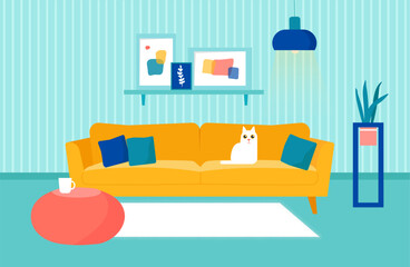 Living room interior with furniture. Flat cartoon vector illustration. Cozy room interior. Apartment decorated scandinavian style.
