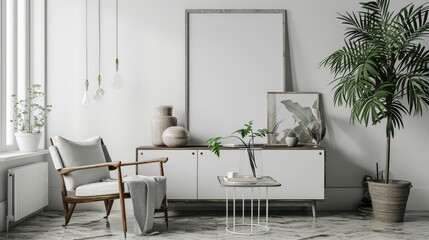 Blank picture frame mockup on a wall. Landscape orientation. Artwork template in interior design.