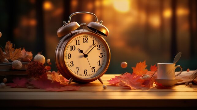 Alarm clock and autumn leaves on wooden table. Autumn background