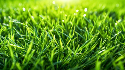 Fototapeta premium Bottom view of green grass in dew on an early summer morning. A serene stock photo capturing the freshness and tranquility of nature awakening