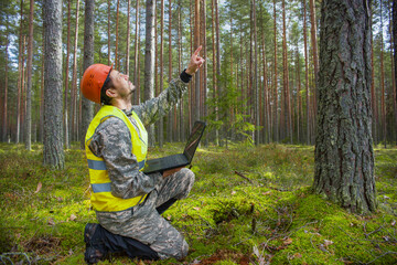 Forest engineer works in the forest with a computer. Trees appear on the computer screen.