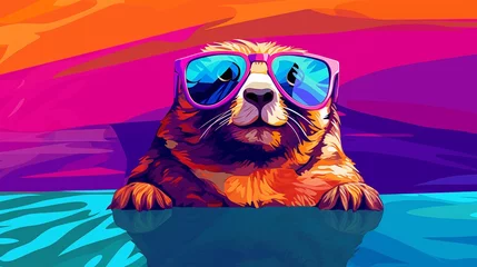 Fototapeten Spring bright and vibrant colorful illustration of pop art style groundhog in glasses © NickArt