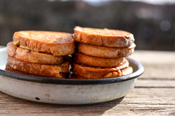 French toast  and white cheese. Rustic breakfast  made from deep fried   bread   with organic free range   eggs