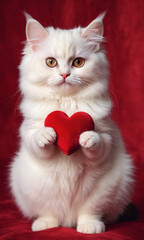 A charming cat holds a vibrant red heart in its small paws, showcasing an endearing image perfect for expressing love and affection.