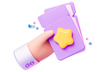 3D Hand holding a coupon with a star. Movie cinema ticket. Discount and promo codes for various online purchases on the internet. - obrazy, fototapety, plakaty