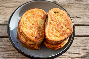 French toast  and white cheese. Rustic breakfast  made from deep fried   bread   with organic free range   eggs