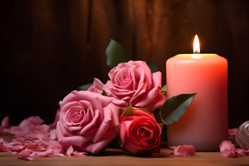 Fototapeta na wymiar Pink rose with candle and petals on woodtable 