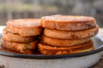 French toast  and white cheese. Rustic breakfast  made from deep fried   bread   with organic free range   eggs