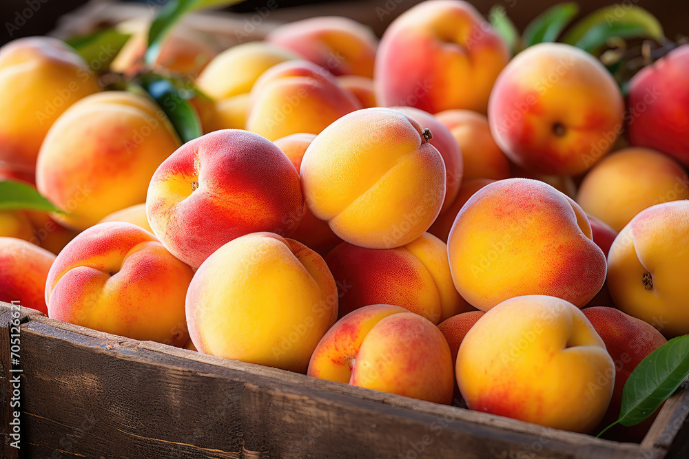 Wall mural Many fresh peaches with glistening water droplets, creating a sense of juiciness and freshness. Suitable for food and beverage advertising, summer-themed designs, or healthy lifestyle content.