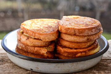 French toast  and white cheese. Rustic breakfast  made from deep fried   bread   with organic free range   eggs