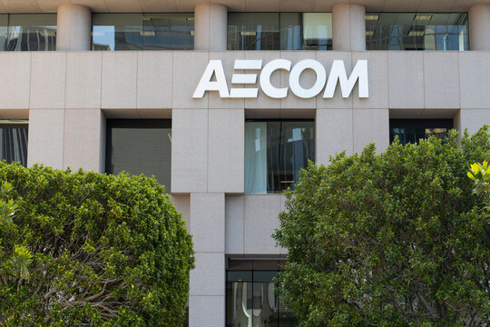 Los Angeles, CA, USA - May 11, 2022: Exterior view of AECOM's regional headquarters in Los Angeles, California. AECOM is a multinational infrastructure consulting firm.