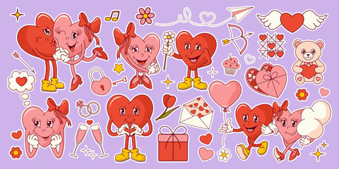 Groovy hearts couple character stickers set. Valentine's day. Retro vector illustration.