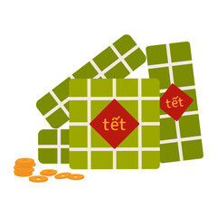 Vietnamese New Year traditional food rice cakes banh chung, banh tet, gold illustration. Hand drawn cartoon vector illustration. Flat style design. Tet celebration symbol. Holiday card, banner element