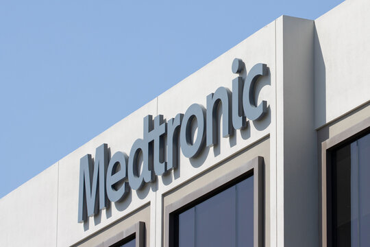Irvine, CA, USA - May 8, 2022: Closeup of the Medtronic sign seen at its Irvine office. Medtronic plc is an American medical device company best known for its revolutionary cardiac devices.