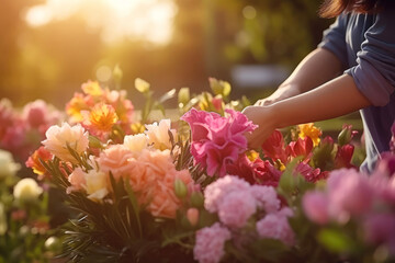 Florist or gardener's hands arranging pastel colored pink and yellow spring flowers, backlight
