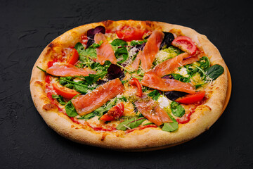 Pizza with Mozzarella, Salmon Slice on black